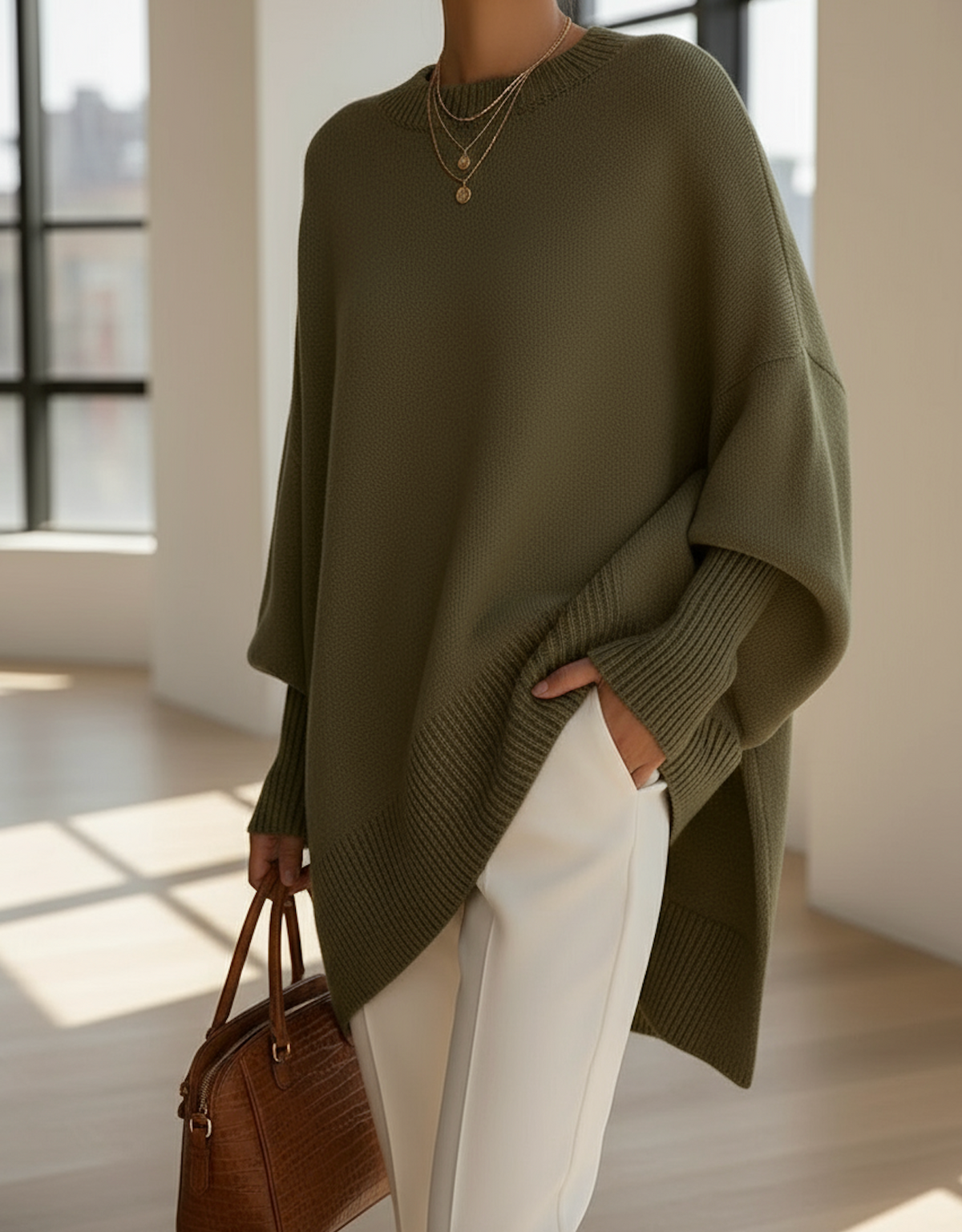 Olive green oversized knit sweater with crew neck and dropped long sleeves
