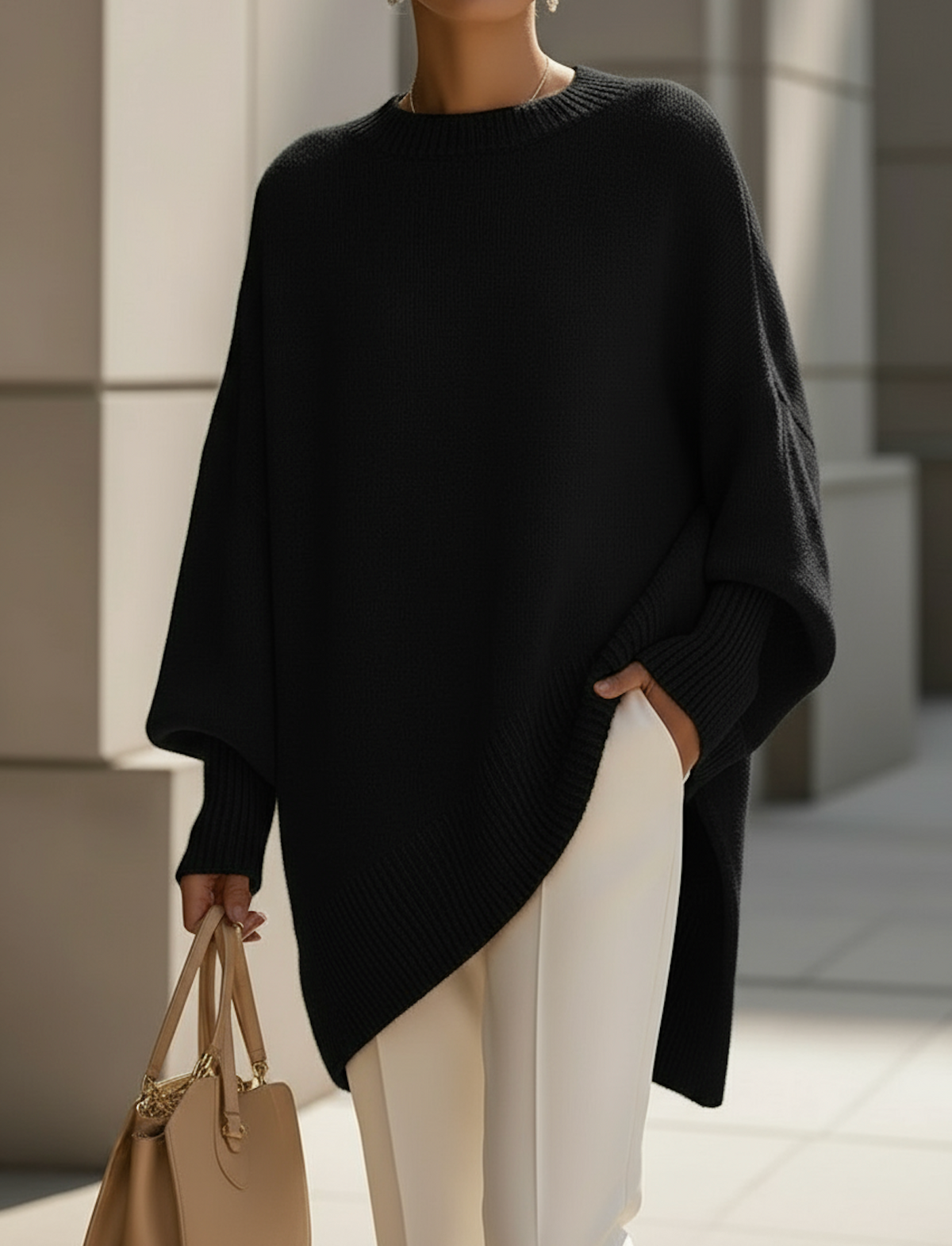 Black oversized knit sweater with ribbed crew neck and batwing draped sleeves