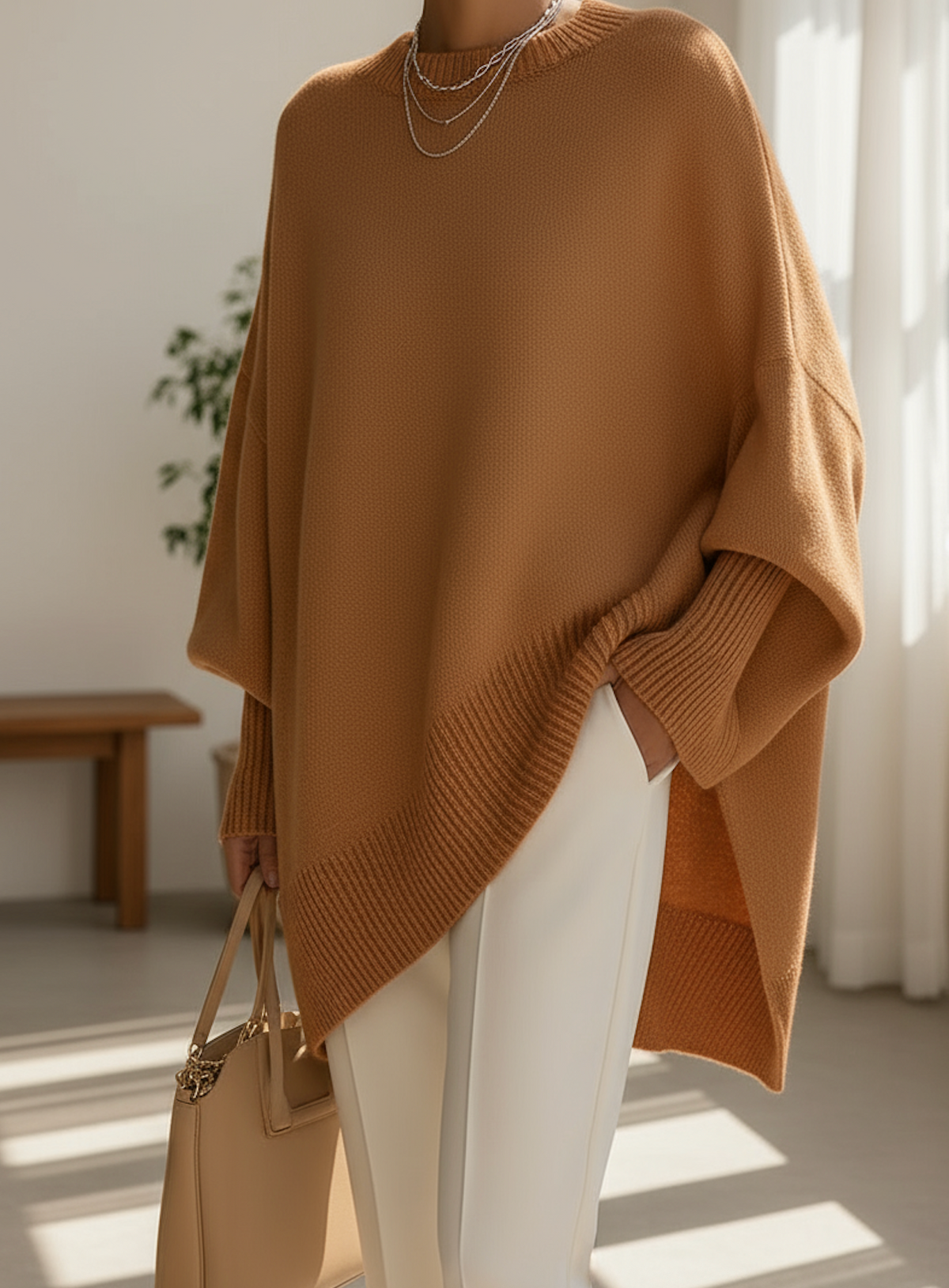 Caramel brown oversized knit sweater with ribbed cuffs and relaxed batwing sleeves