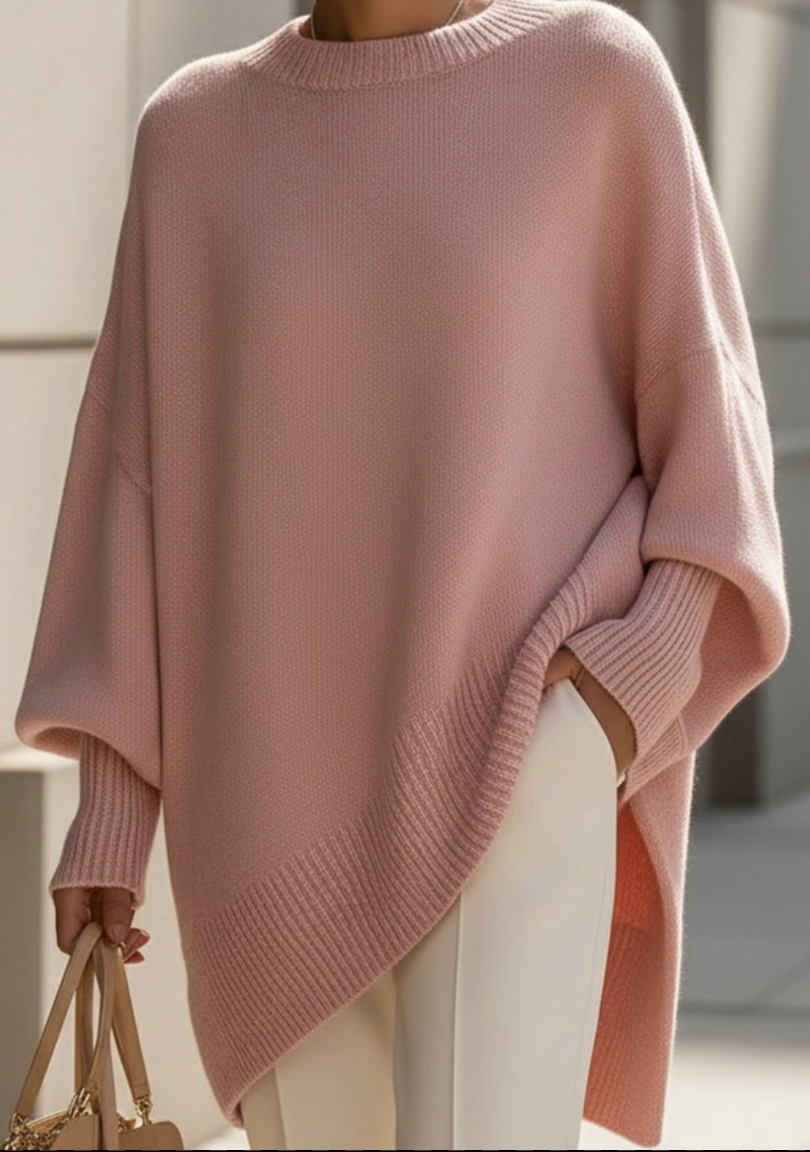 Blush pink oversized knit sweater with ribbed hem and wide draped sleeves