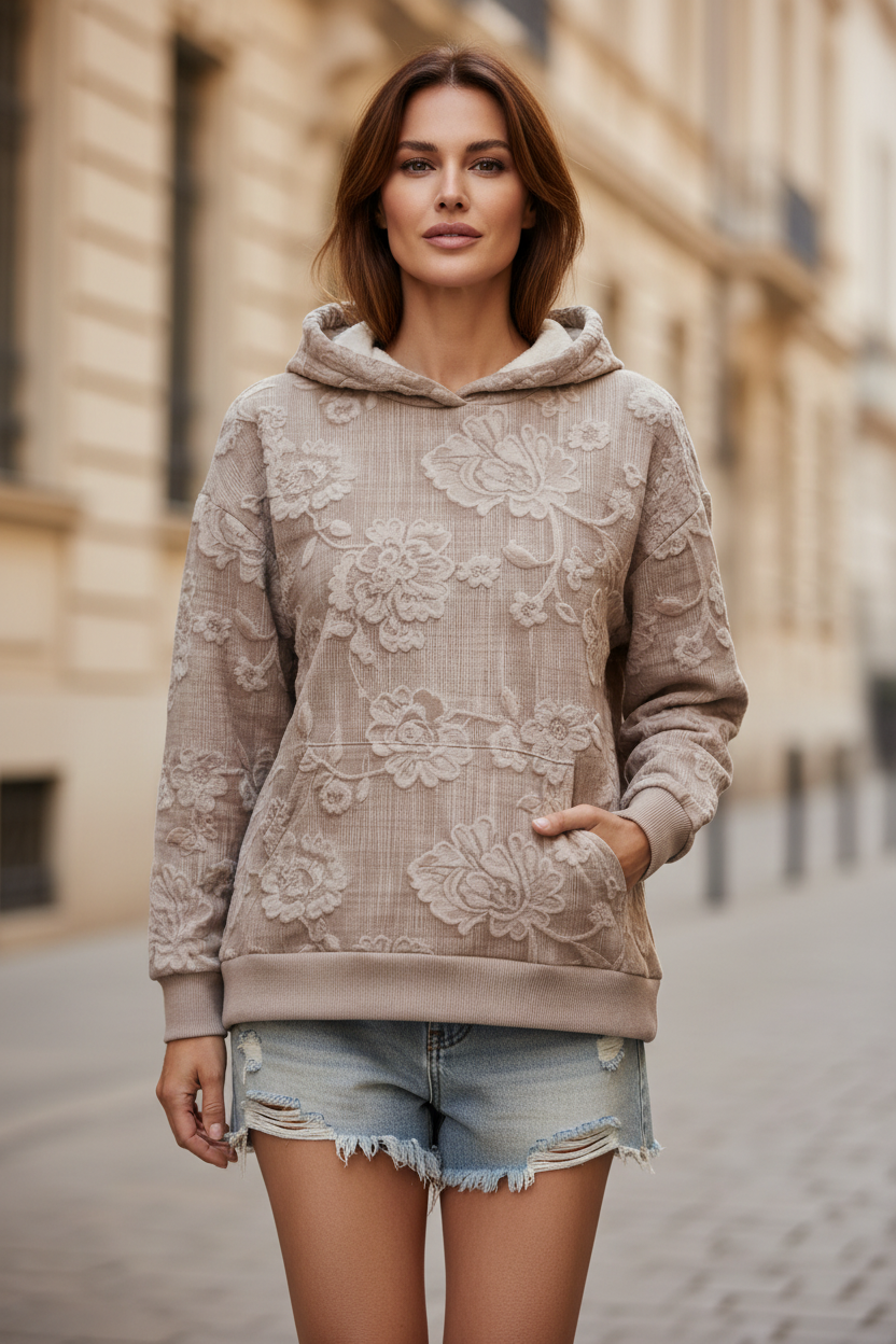 Beige embroidered lace hoodie with gray-lined hood and kangaroo pocket