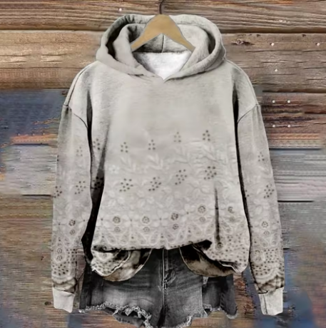 Light beige lace-effect hoodie with gray-lined hood and kangaroo pocket