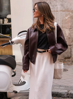 Burgundy zip-up bomber jacket with stand collar and ribbed waistband detail