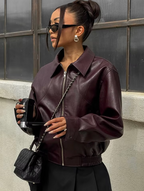 Burgundy zip-front bomber jacket with stand collar and ribbed cuffs hem