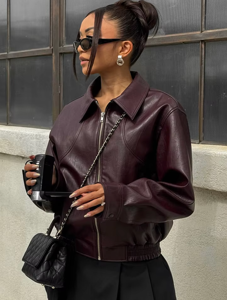 Burgundy zip-front bomber jacket with stand collar and ribbed cuffs hem