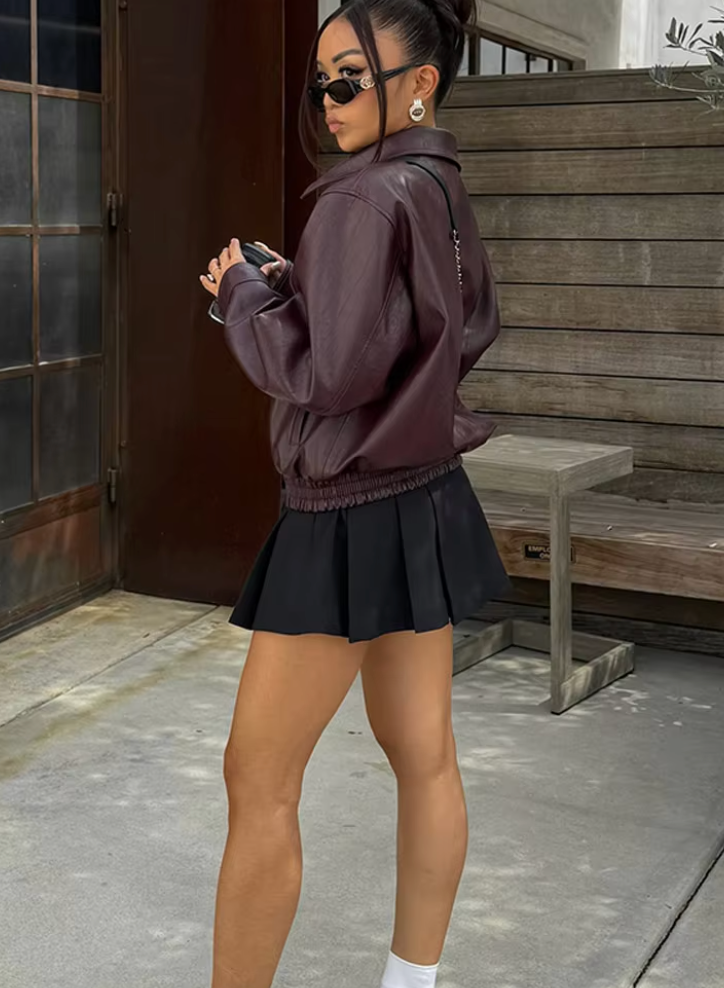 Burgundy leather-look zip-up bomber jacket with ribbed cuffs and stand collar