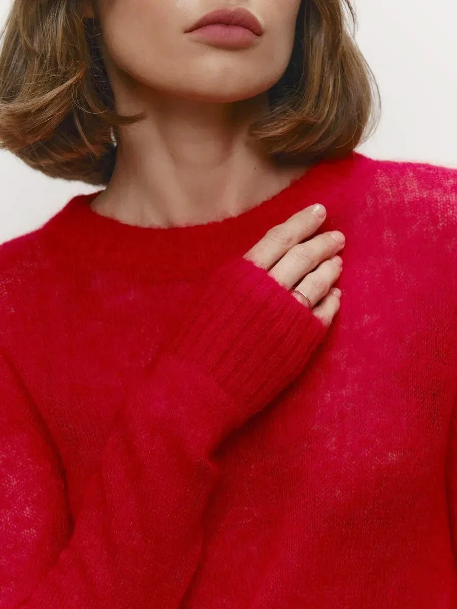 Bright red crewneck knit sweater, textured fabric and ribbed neckline