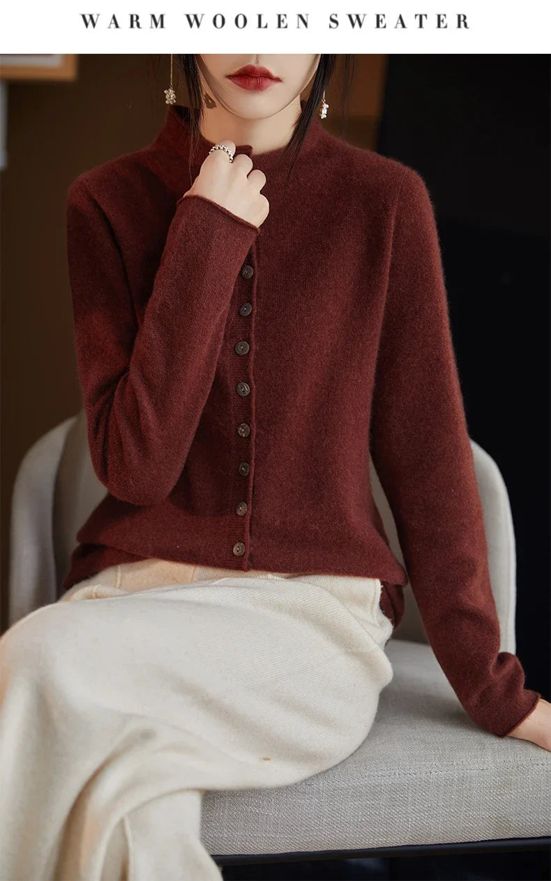 Women’s merino wool button cardigan, maroon color with long sleeves and front buttons