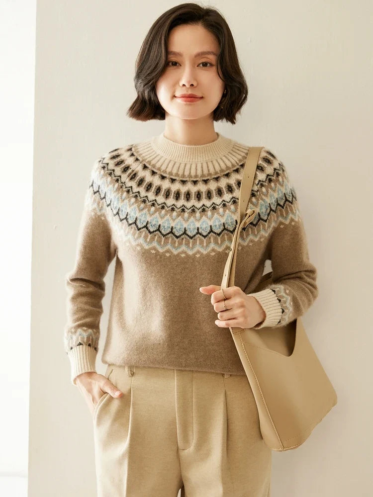 Women's mock neck Fair Isle knit sweater, camel-brown with fair isle yoke