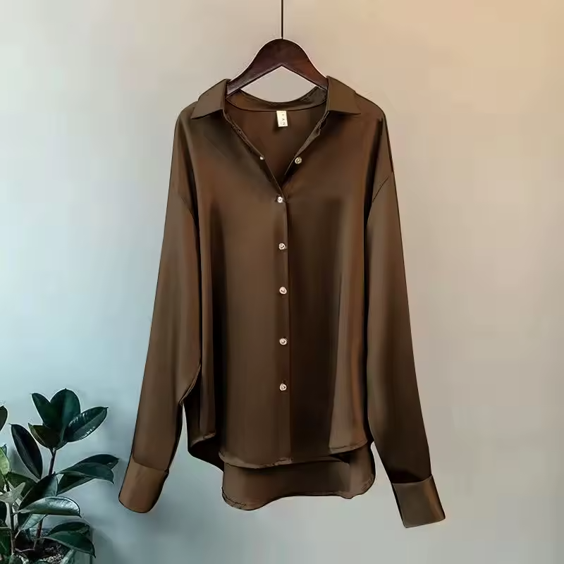 Women's satin silk blouse, long-sleeve button-up with pointed collar, chocolate brown