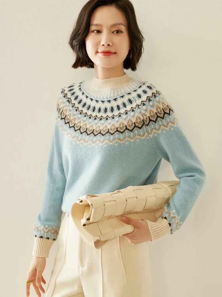 Light blue fair isle mock neck knit sweater with patterned yoke and cuffs