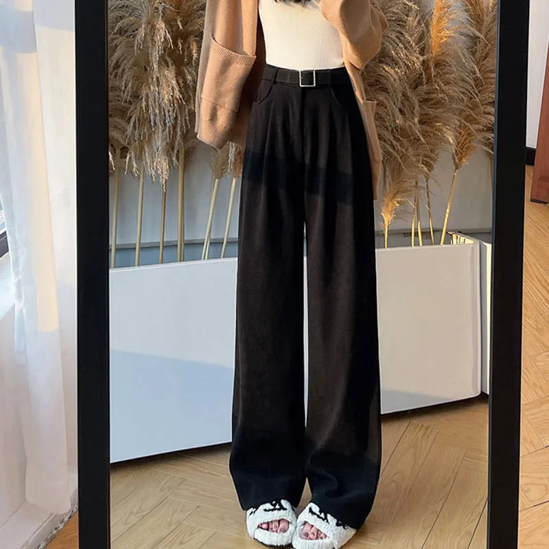 Black corduroy wide-leg high-rise pants with belt and pleated front