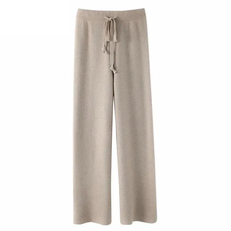Light gray-beige wide-leg lounge pants with high elastic waistband and drawstring.