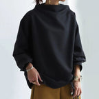 Black high-neck casual top with relaxed long sleeves and cowl neckline
