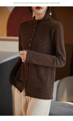 Women’s merino wool button cardigan, dark brown with button front and long sleeves