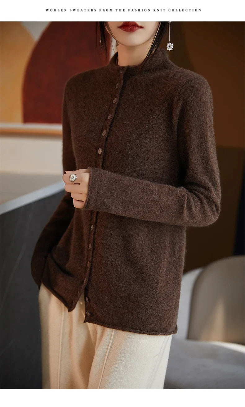 Women’s merino wool button cardigan, dark brown with button front and long sleeves