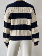Striped cable-knit sweater back view with wide cream and navy bands