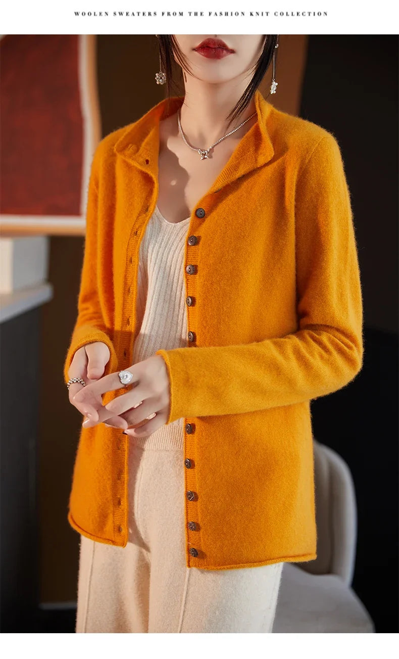 Women’s merino wool button cardigan, mustard yellow, front button closure, long sleeves