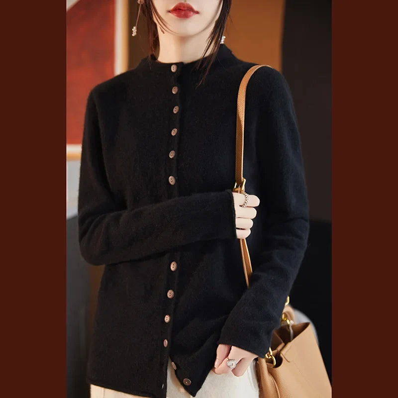 Women’s merino wool button cardigan, black with button front and long sleeves