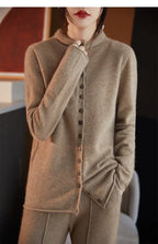 Women's merino wool button cardigan, camel-brown fuzzy knit, button placket and knit collar