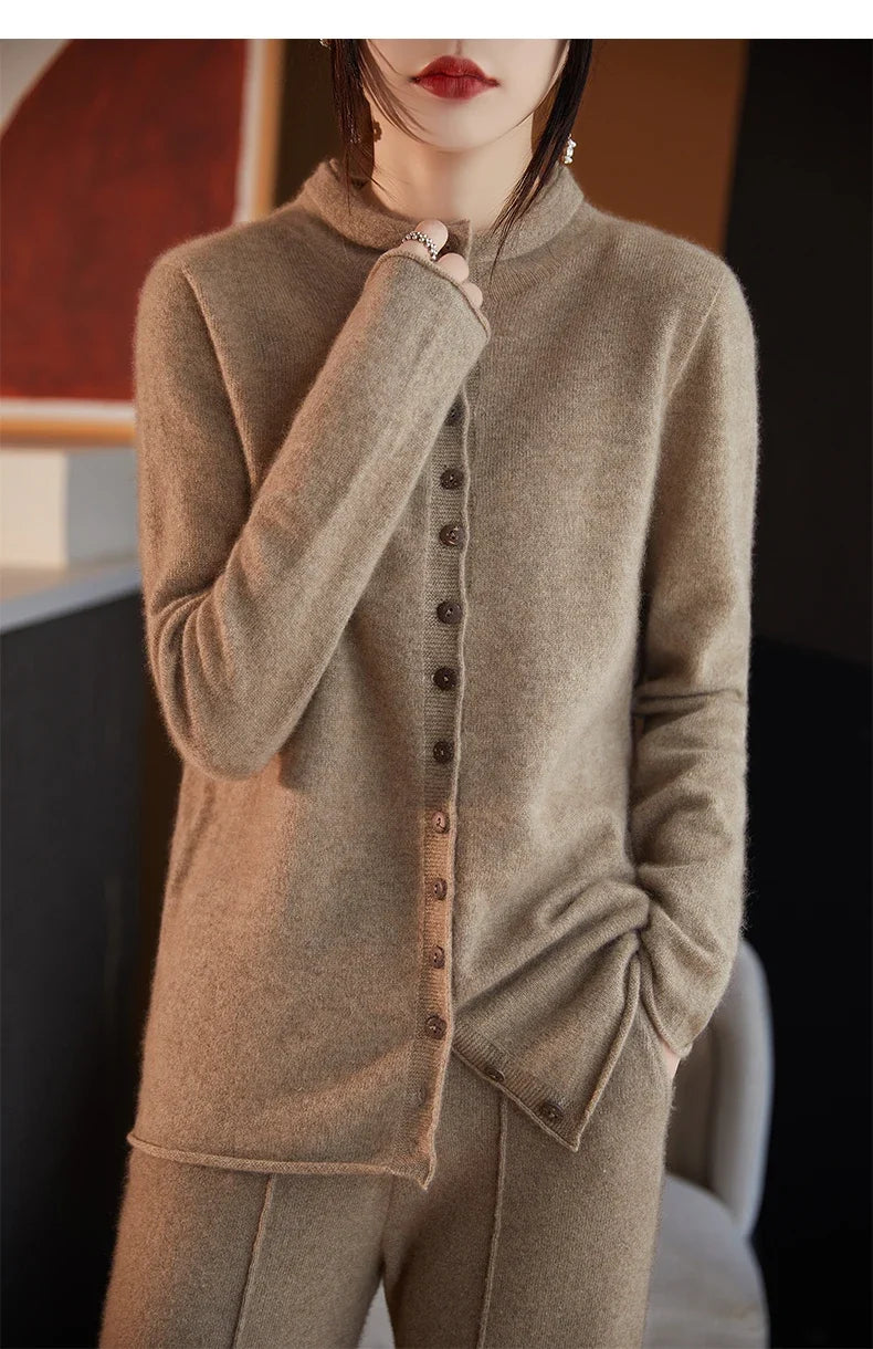 Women's merino wool button cardigan, camel-brown fuzzy knit, button placket and knit collar
