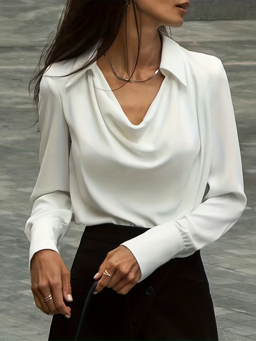 100% silk full-sleeve shirt in white with draped cowl V neckline and long sleeves