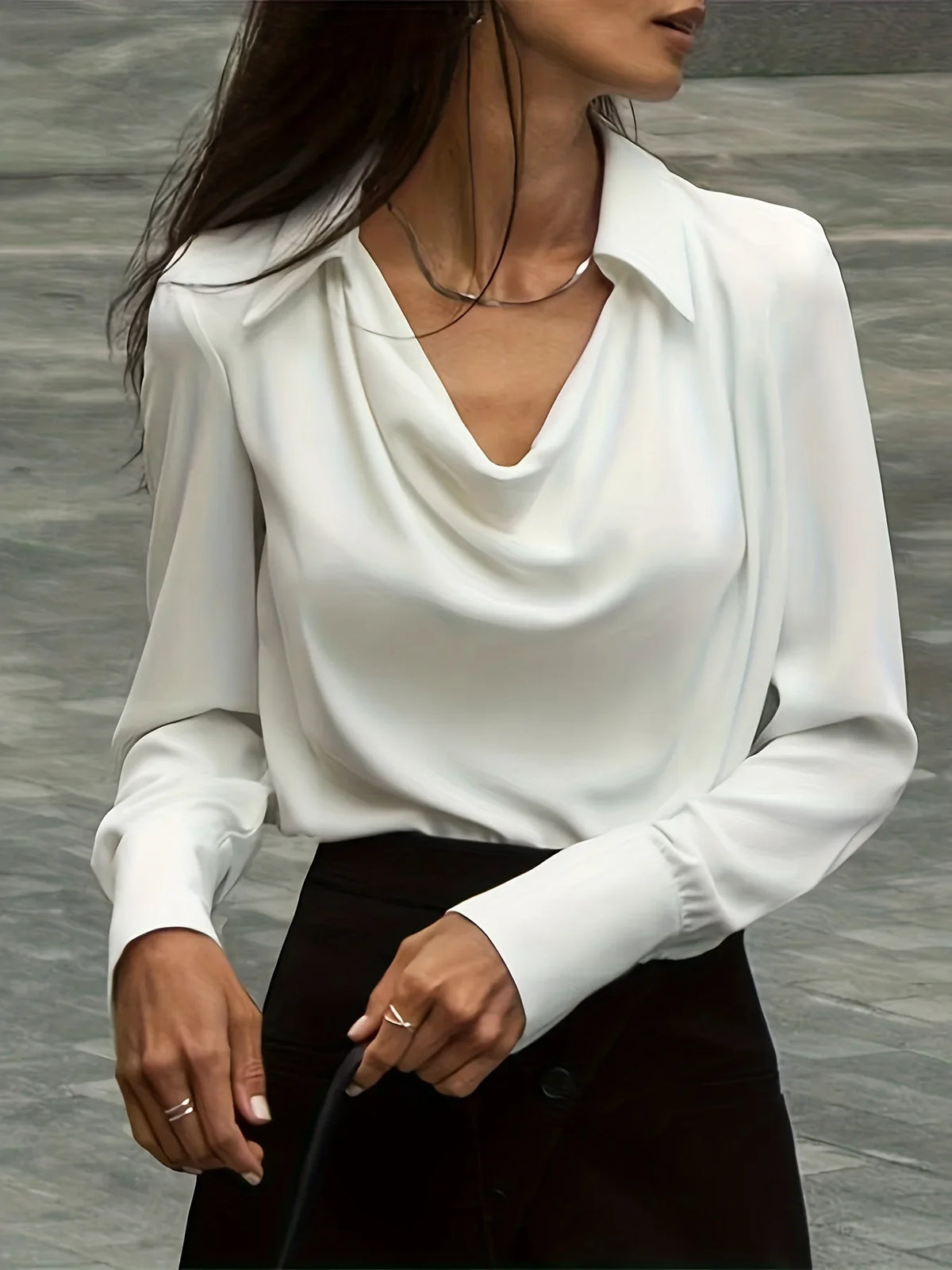 100% silk full-sleeve shirt in white with draped cowl V neckline and long sleeves