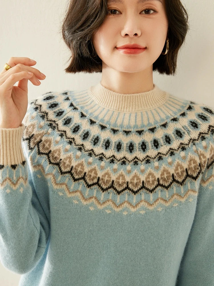 Light blue Fair Isle mock neck sweater with patterned yoke and ribbed collar; long sleeves.