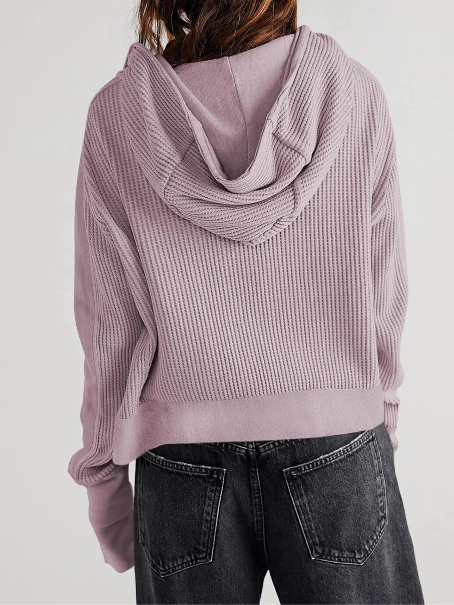 Lavender waffle zip hoodie with hood, shown from the back over dark jeans.