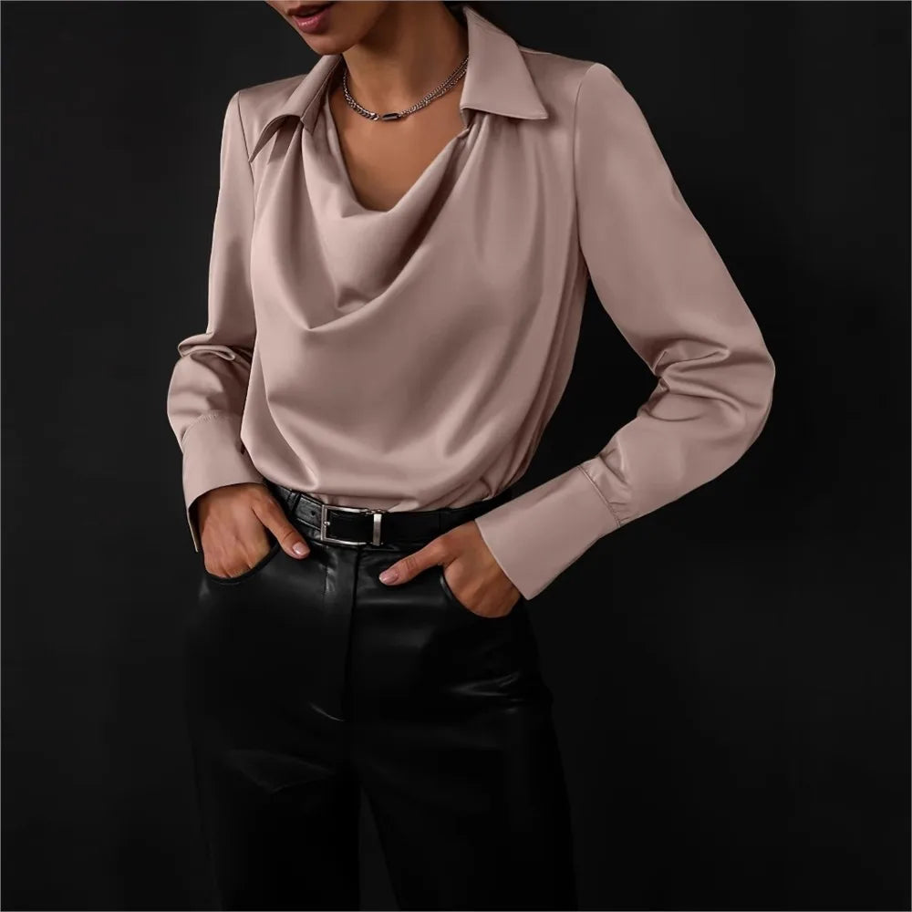 100% silk full-sleeve shirt in taupe with collar tips, draped V cowl neckline