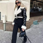 Lara cropped fleece jacket in black leather with cream sherpa trim and zip front
