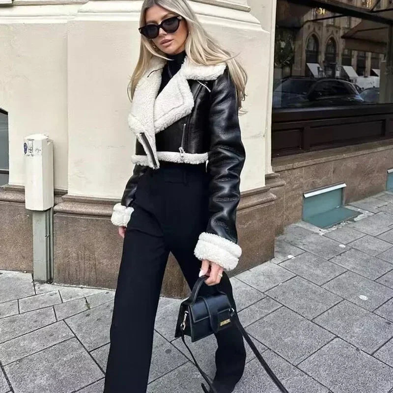 Lara cropped fleece jacket in black leather with cream sherpa trim and zip front