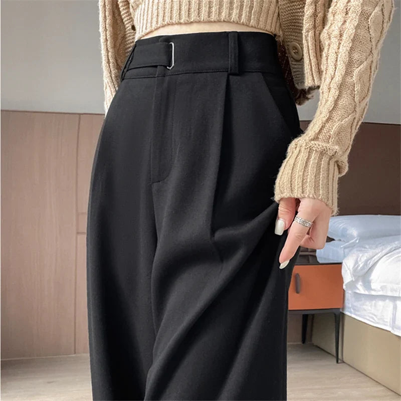 Women's high-rise wide-leg trousers, black with pleated front and straight wide legs.