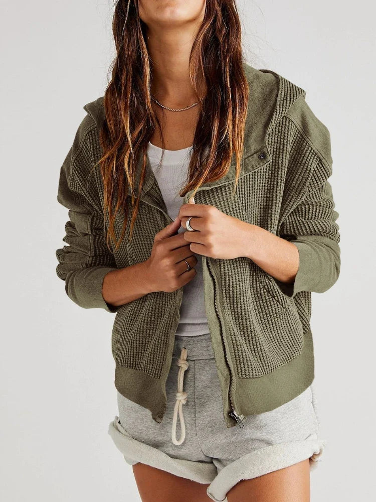 Olive waffle-knit hoodie with hood drawstrings and front kangaroo pocket.