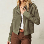 Olive waffle-knit hoodie with hood, center-front zipper, and snap placket detail.