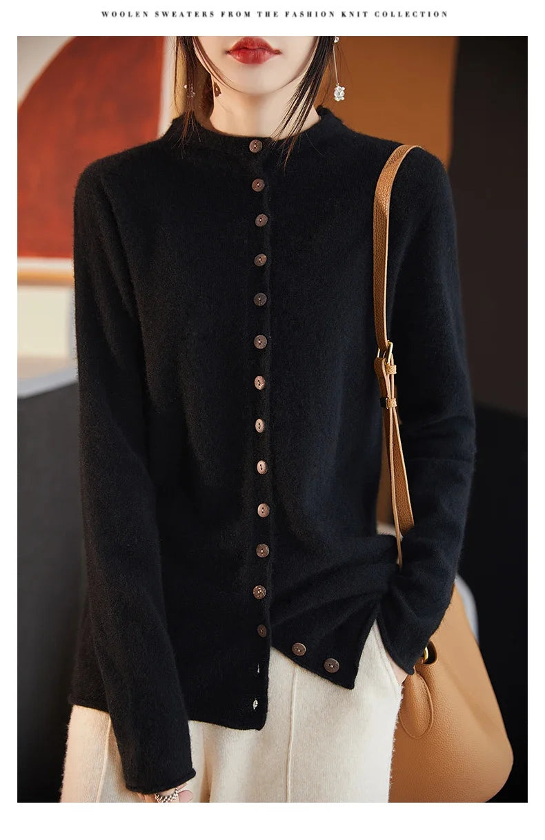 Women’s merino wool button cardigan, black, round neckline, long sleeves