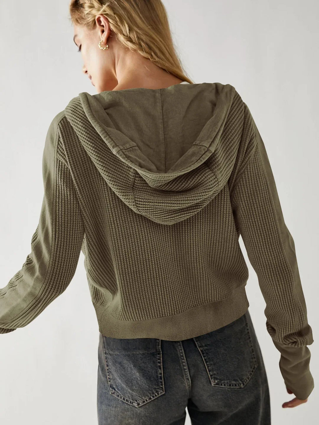 Olive waffle-knit hoodie back view with hood and ribbed cuffs; long sleeves.