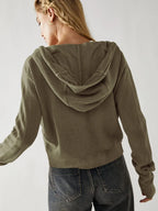 Olive waffle-knit hoodie back view with hood and ribbed cuffs; long sleeves.