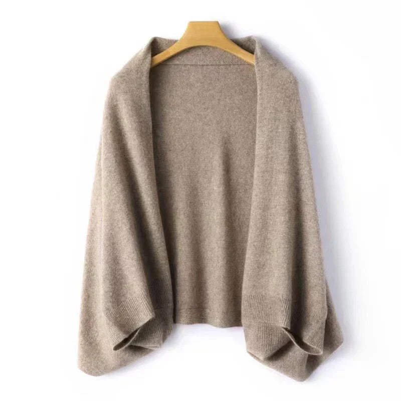 Camel wool shawl with open-front drape, knit texture, and hemmed ends