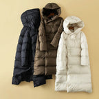 Long down puffer parka trio in black, brown, and white with hooded design