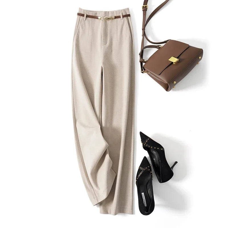 White high-waisted wide-leg trousers with belt, relaxed straight-leg silhouette