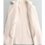 Off-white overcoat with stand collar and button placket, long sleeves