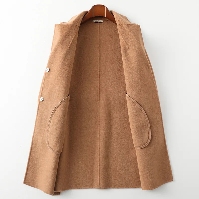 Camel belted wool coat with open collar, waist belt, and side hand pockets