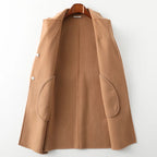 Camel belted wool coat with open collar, waist belt, and side hand pockets