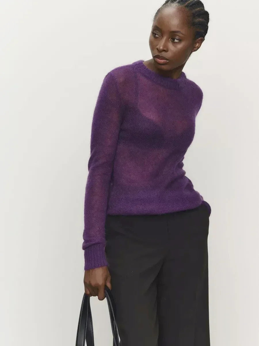 Lightweight crewneck knit sweater, purple, long sleeves and ribbed cuffs
