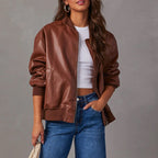 Brown leather zip-front jacket with stand collar and ribbed cuffs