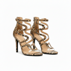 Tan snake-print strappy heels, open toe, crisscross ankle straps