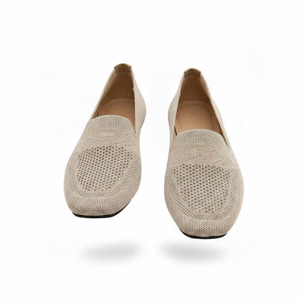 Beige perforated knit loafer with round toe and slip-on design