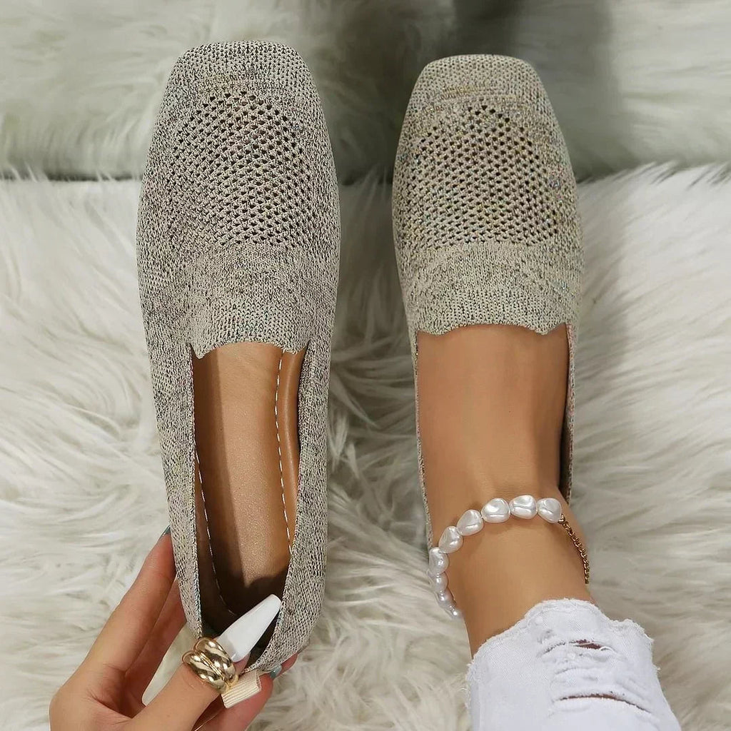 Beige knit loafer slip-on with round toe and perforated texture