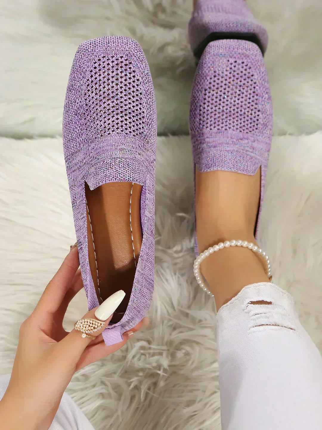 Purple knit slip-on loafer with round toe and perforated upper